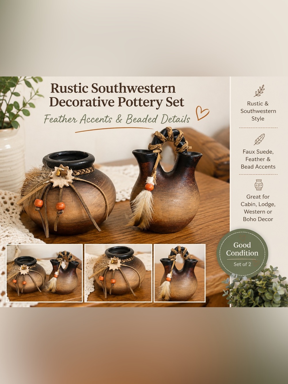 Rustic Southwestern Decorative Pottery Set – Feather Accents